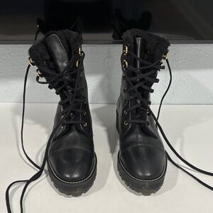 Stuart Weitzman Black Lace-Up Boots with Gold Accents 7.5